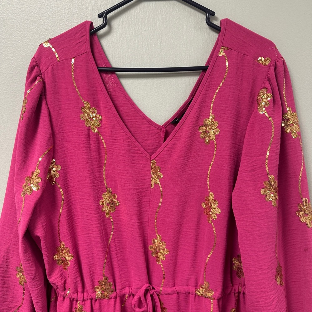 Nina Leonard Fuchsia Pink Gold Sequin Floral Tiered Dress XL NWT L0363BF - Picture 2 of 6